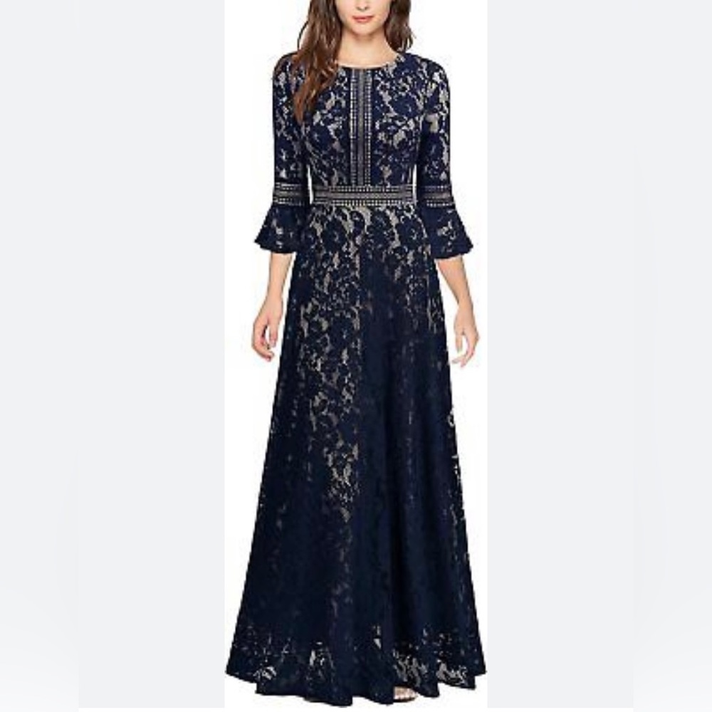MISSMAY-Retro gorgeous maxi A-line black lace dress.Sheet bell sleeves.Size L